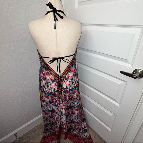 Halter Open Back Asymmetrical Sequins Embellished Mix Print Maxi Dress - Picture 3 of 12